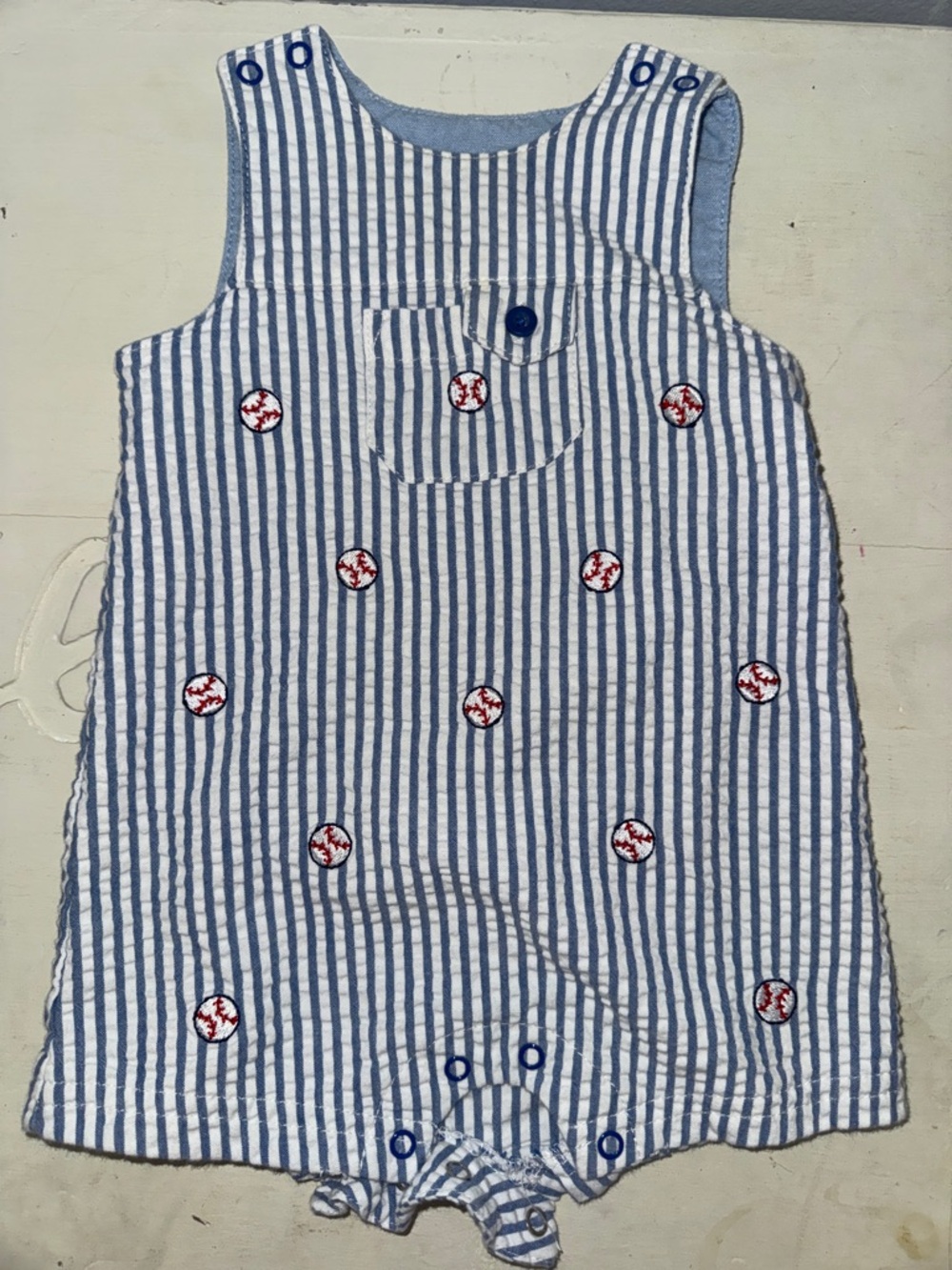 Little Me Blue and White Stripe Baseball Embroidered Baby One-Piece